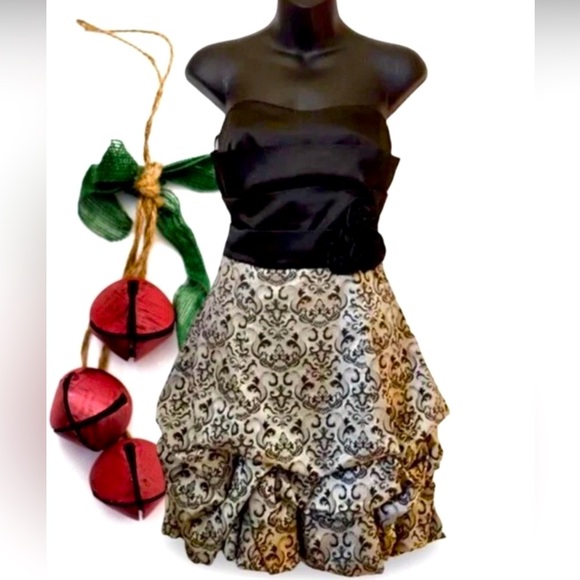NWTS🍒SIZE 11 LARGE SZ LARGE 🍒BLACK & SILVER ROSE STRAPLESS PARTY DRESS - Picture 1 of 16